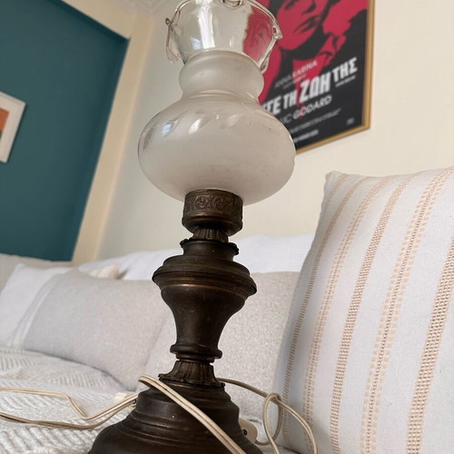 Vintage brass table lamp with embossed glass shade used, non-functional