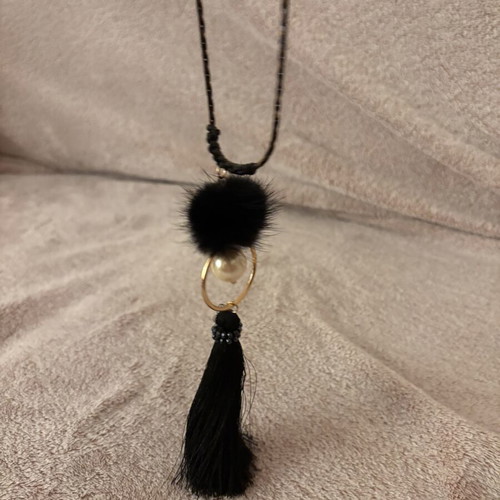 Modern Long Necklace with Black Tassel, Pearl & Pom-Pom new