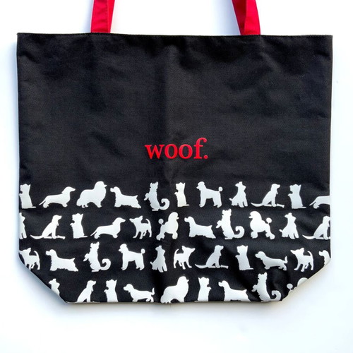 The WOOF Tote Bag new, black with white dog prints