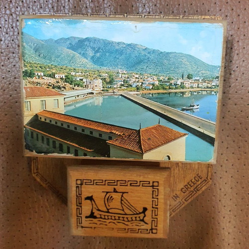Wooden cigarette and matchbox case used, Achilles and ship design