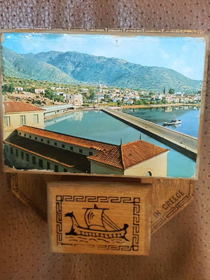 Wooden cigarette and matchbox case used, Achilles and ship design