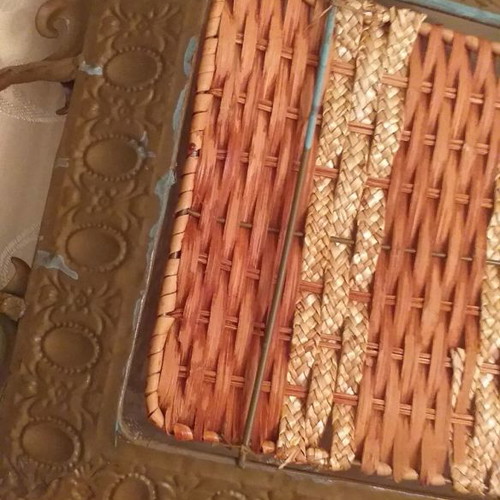 Decorative tray used, metal with wicker 30×50×5 cm