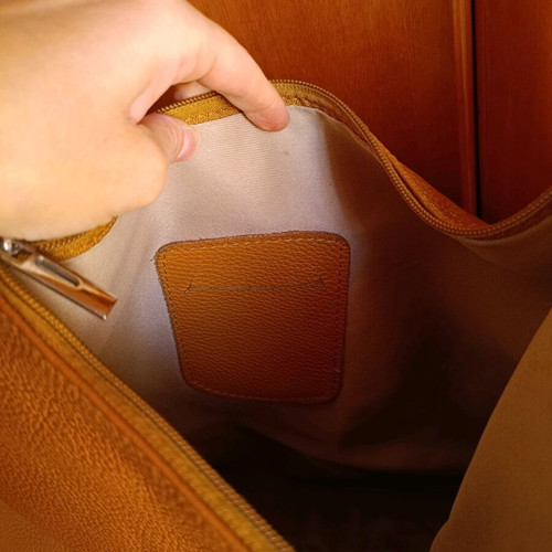 Leather shoulder bag used, brown tan with fabric lining