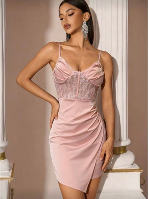 Elegant women's dress, pink, padded bust, cocktail style