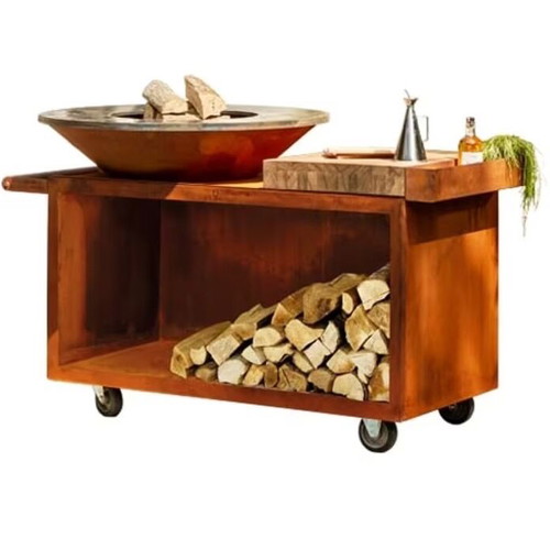 BBQ Fire Pit with Wood Cutting Board and Wheels New