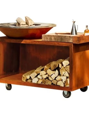 BBQ Fire Pit with Wood Cutting Board and Wheels New