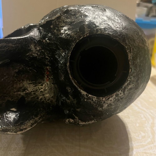 Decorative skull coin bank used, silver-gray