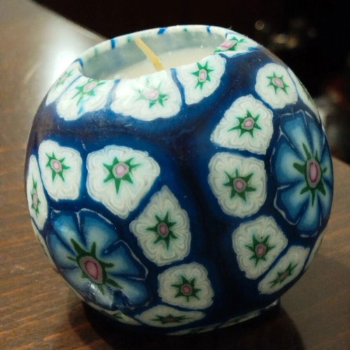Handmade Millefiori candle like new, decorative with blue floral design
