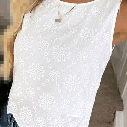 White sleeveless blouse with embroidered flowers