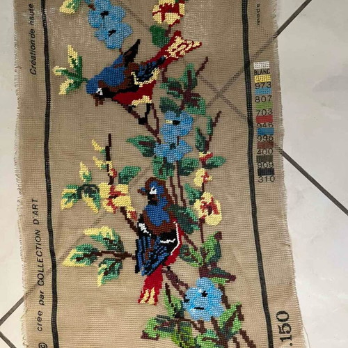Handmade embroidery with colorful birds and flowers, like new