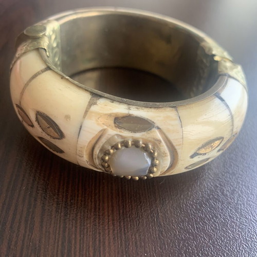 Ethno bracelet made of brass and bone, vintage inlay, boho style, like new