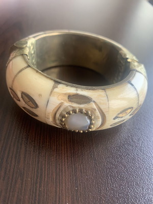 Ethno bracelet made of brass and bone, vintage inlay, boho style, like new