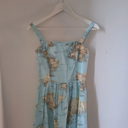 Vintage World Map Dress blue cotton skater dress, new