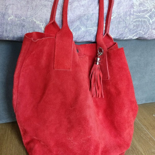 Red suede leather tote bag with tassel fringe, shoulder style