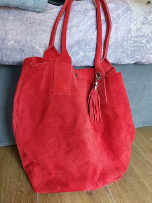 Red suede leather tote bag with tassel fringe, shoulder style