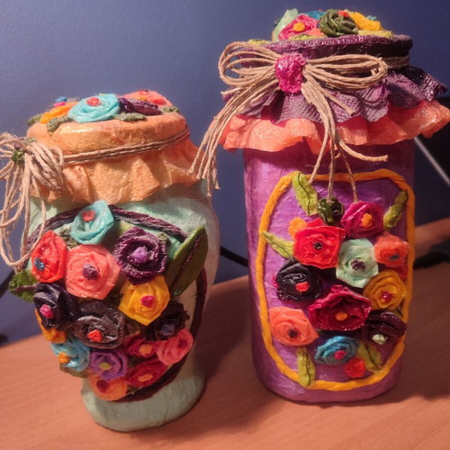 Set of 2 handmade decorative vases with embossed flowers