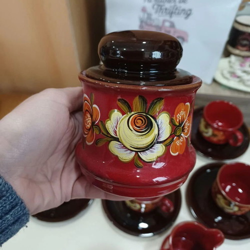 Hand-painted ceramic tea set with 6 cups, saucers, creamer and sugar bowl