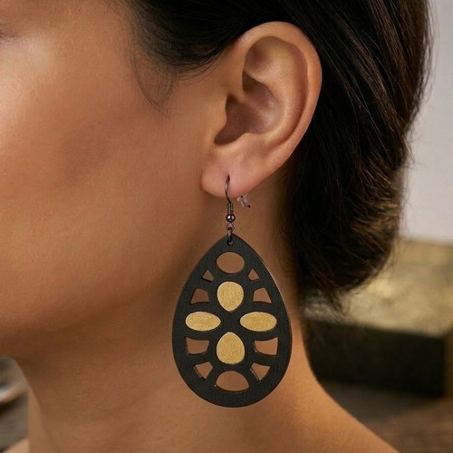 Handmade wooden Tear-Drop earrings with gold inlay new