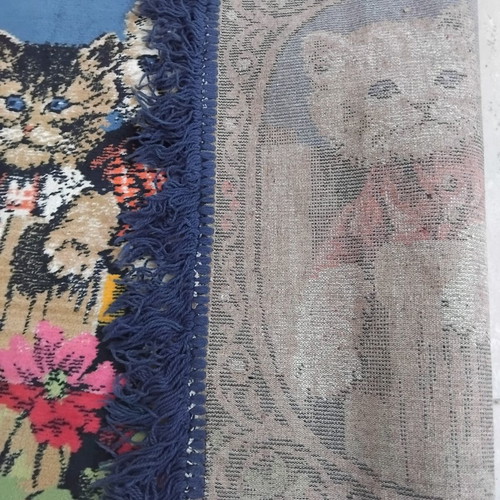 Vintage tapestry rug 'Kittens on the Fence' velvet wall hanging