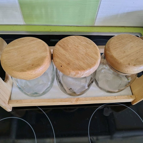 Set of 3 glass containers with wooden lid and base like new