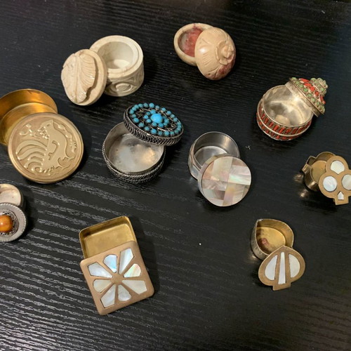 Vintage pill boxes used, pack of 10 with carved stone and semi-precious stones