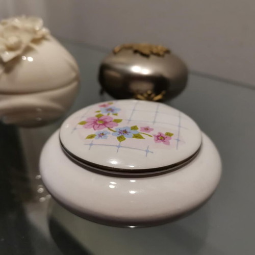 Vintage jewelry boxes used, set of 3, metal and porcelain