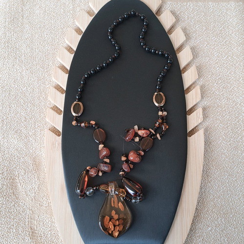 Boho handmade necklace used with glass pendant brown orange