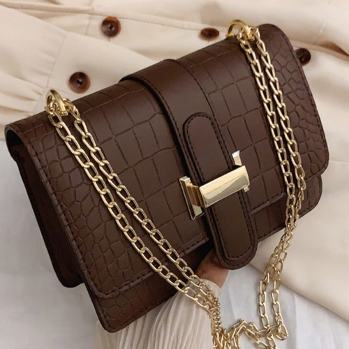 Crossbody bag new, brown synthetic leather with crocodile pattern
