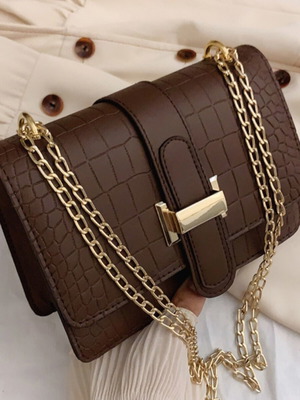 Crossbody bag new, brown synthetic leather with crocodile pattern