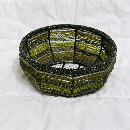Decorative basket with beads in olive shades, metal frame, like new
