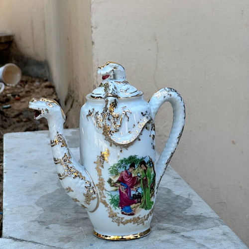 Collectible Japanese Porcelain Coffee Pot used with dragons and traditional scene