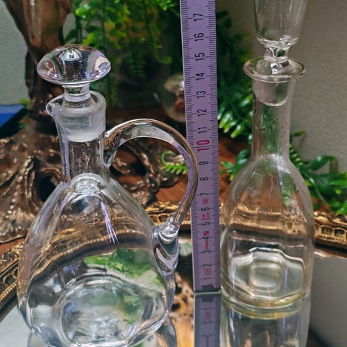 Vintage French glass cruet set for oil and vinegar with ground stoppers