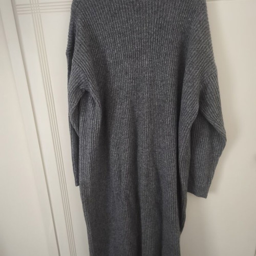 Women's long knitted cardigan 3XL, charcoal grey, high neckline, front pockets