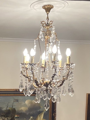 Vintage brass chandeliers pair 8-light with crystals like new