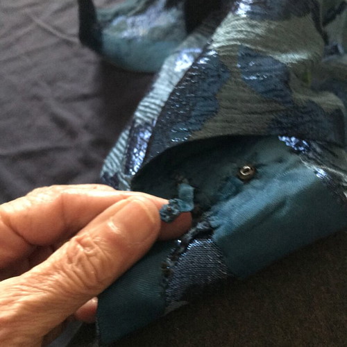 Vintage Handmade Dress 60s Medium Blue Black Jacquard Brocade