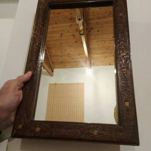 Antique carved wooden mirror used, dark brown oak