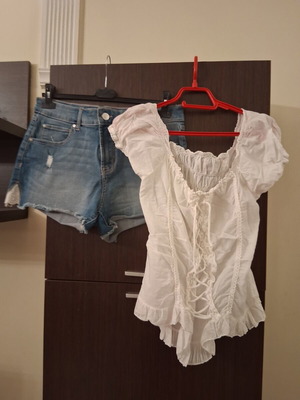 Denim shorts size L with elasticity and white blouse with honeycomb pattern like new