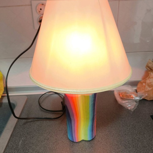 Handmade table lamp with rainbow base and green shade like new