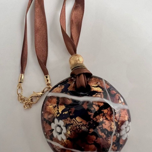 Murano pendant used blue with gold and amber leaf