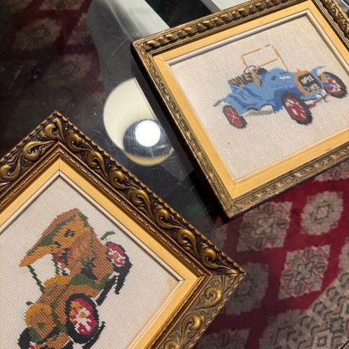 Vintage wooden frames used with hand-stitched car designs
