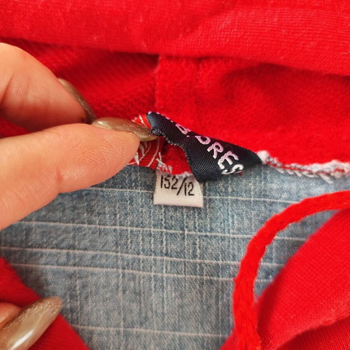 Unisex children's vest with hood like new, size 12 (152), blue denim and red