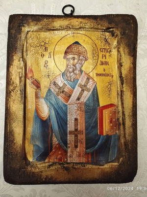 Orthodox handmade icon of Saint Spyridon new, aged wood effect