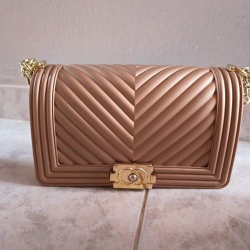 Rubber Cord Crossbody Bag with Gold Chain New, beige