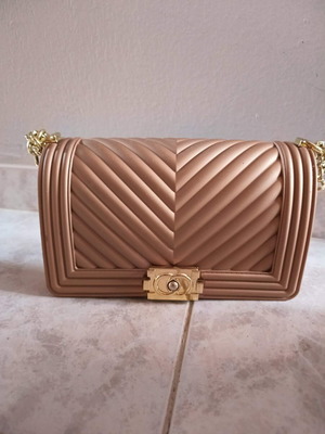 Rubber Cord Crossbody Bag with Gold Chain New, beige