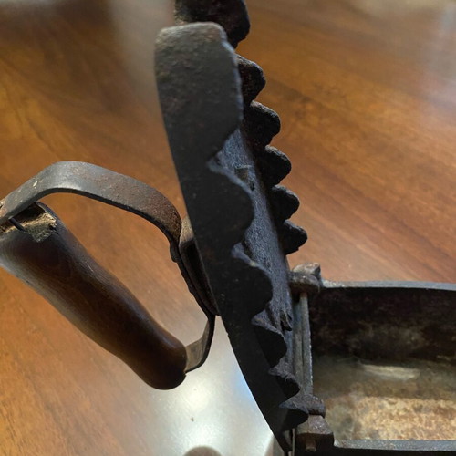 Antique charcoal iron used, cast iron with wooden handle
