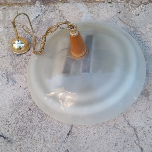 Glass ceiling light with double fluorescent lamp, wooden base, used