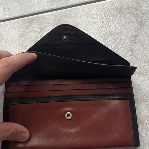 Wallet with button used, women's slim, brown multicolor