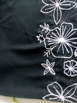 Women's pareo like new with black silk fabric and embroidered white flowers