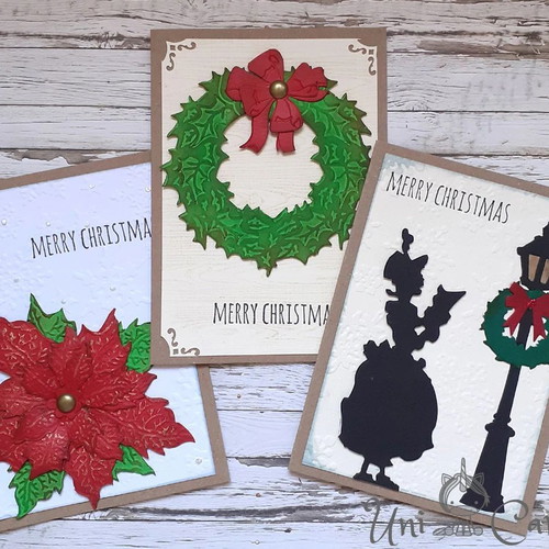 Handmade Christmas Cards set of 3 with poinsettia, wreath and carols