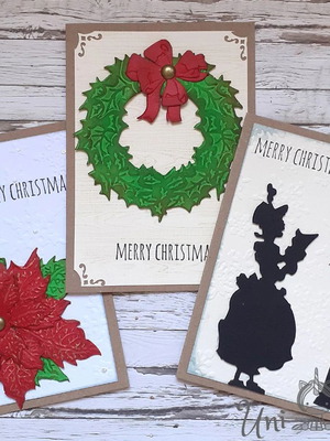 Handmade Christmas Cards set of 3 with poinsettia, wreath and carols